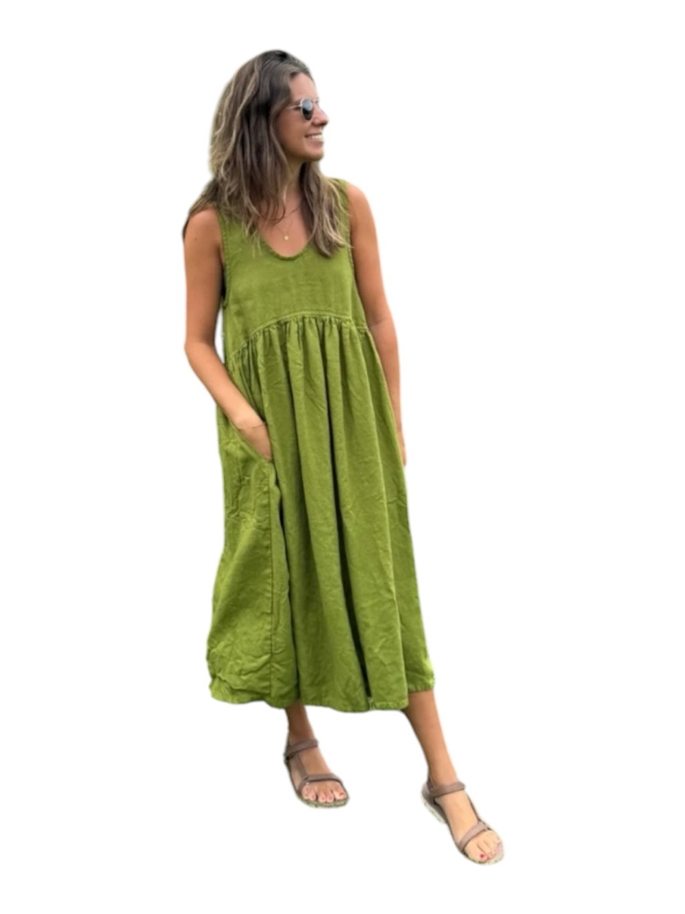 notPERFECTLINEN Smock European Flax Linen Moss Green Sleeveless Maxi Dress